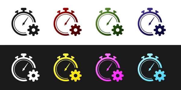 Defina o ícone Gerenciamento de Tempo isolado no fundo preto e branco. Relógio e sinal de marcha. Símbolo de produtividade. Ilustração vetorial —  Vetores de Stock