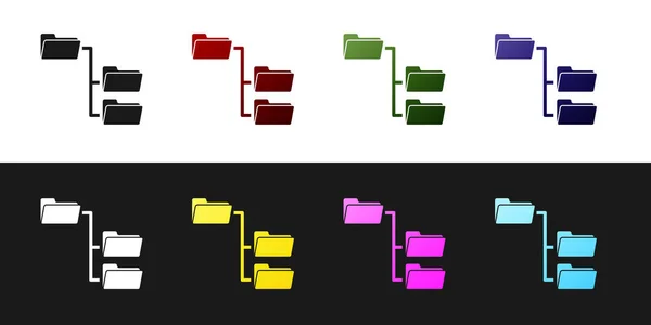 Ordnerbaumsymbol auf schwarzem und weißem Hintergrund isoliert setzen. Computernetzwerk Ordner Organisationsstruktur Flussdiagramm. Vektorillustration — Stockvektor