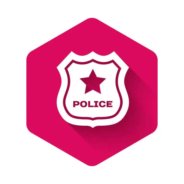 White Police badge icon isolated with long shadow. Sheriff badge sign. Pink hexagon button. Vector Illustration — 스톡 벡터