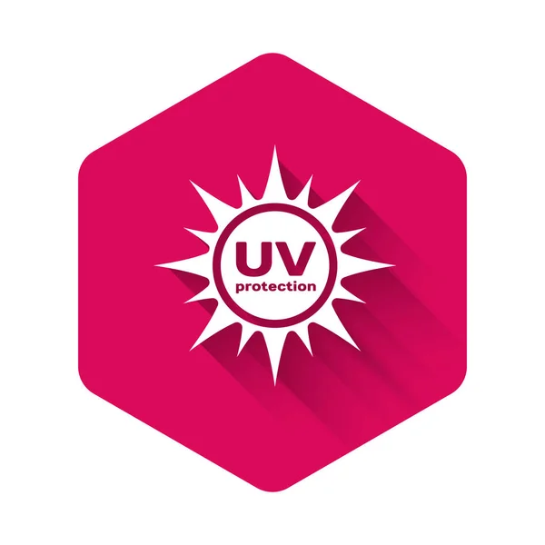 Icona di protezione UV bianca isolata con lunga ombra. Radiazioni ultraviolette. Segno solare SPF. Bottone esagonale rosa. Illustrazione vettoriale — Vettoriale Stock