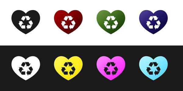 Definir ícone coração Eco amigável isolado no fundo preto e branco. Coração eco reciclar bio natureza. Conceito ambiental. Ilustração vetorial —  Vetores de Stock