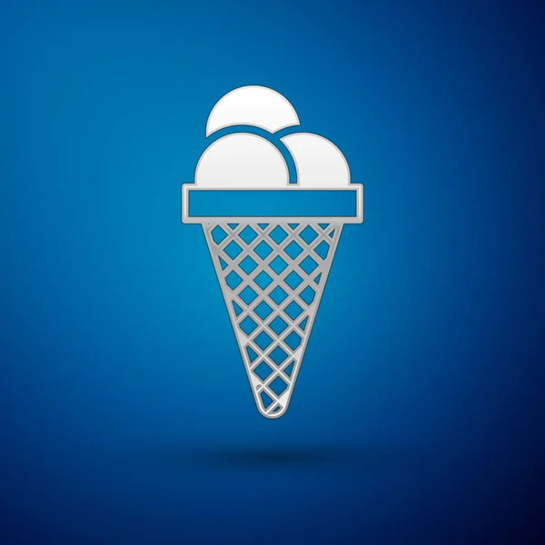 Silver Ice cream in waffle cone icon isolated on blue background. Sweet symbol. Vector Illustration — Stock Vector