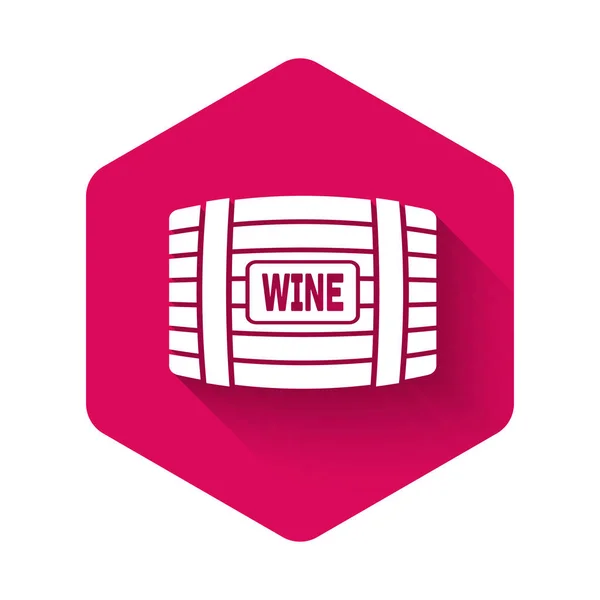 Baril en bois blanc pour icône du vin isolé avec une longue ombre. Bouton hexagonal rose. Illustration vectorielle — Image vectorielle