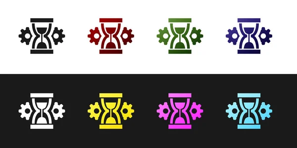 Sanduhr und Getriebesymbol isoliert auf schwarz-weißem Hintergrund. Zeitmanagement-Symbol. Uhr und Getriebesymbol. Produktivitätssymbol. Vektorillustration — Stockvektor