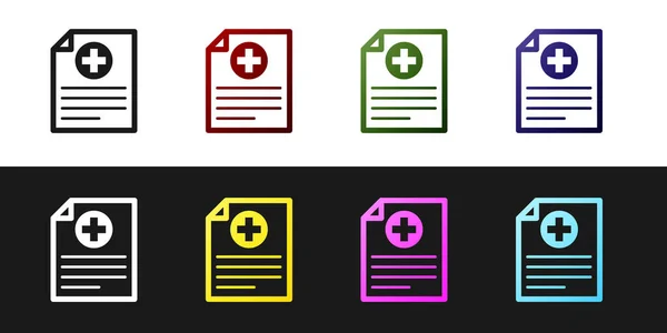 Set Portapapeles médico con icono de historia clínica aislado sobre fondo blanco y negro. Formulario de seguro de salud. Prescripción de documentos, informe de marcas médicas. Ilustración vectorial — Vector de stock