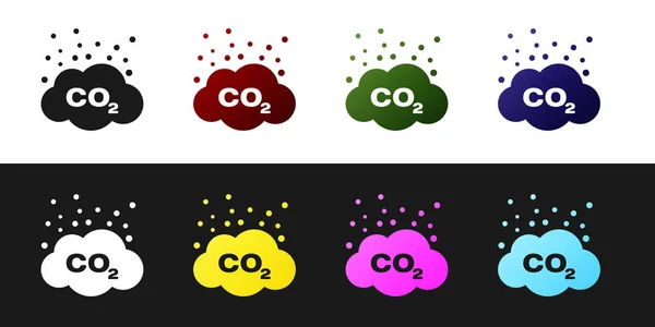 Set CO2 emissions in cloud icon isolated on black and white background. Carbon dioxide formula symbol, smog pollution concept, environment concept. Vector Illustration — Stock Vector