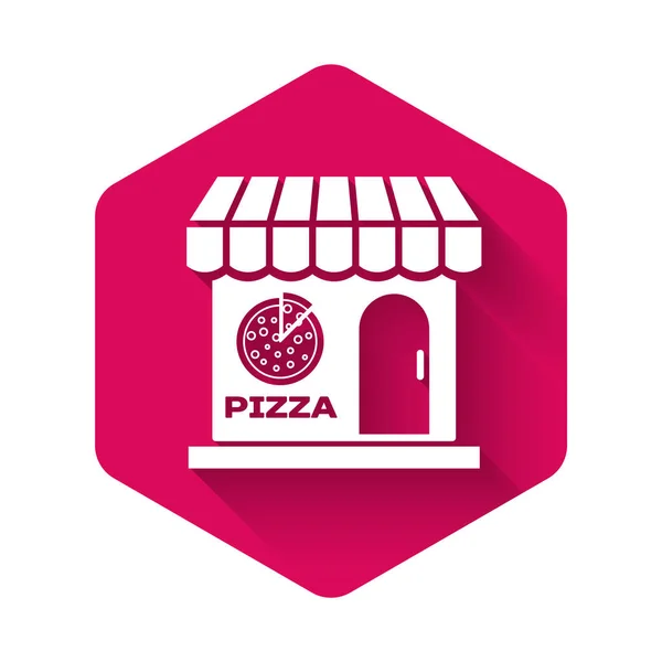 White Pizzeria building facade icon isolated with long shadow. Fast food pizzeria kiosk. Pink hexagon button. Vector Illustration — ストックベクタ