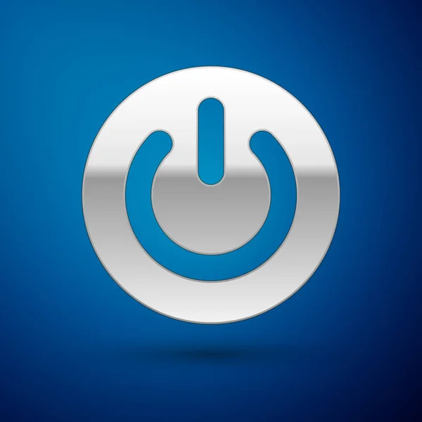 Icono de botón de encendido de plata aislado sobre fondo azul. Firma inicial. Diseño plano. Ilustración vectorial — Archivo Imágenes Vectoriales
