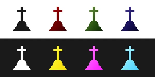 Zestaw Tombstone z ikoną krzyża na czarno-białym tle. Ikona grobu. Ilustracja wektora — Wektor stockowy