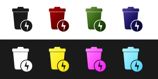 Set Lightning con icono de bote de basura aislado sobre fondo blanco y negro. Desperdicio de energía. Cartel de basura. Reciclar signo de cesta. Ilustración vectorial — Vector de stock