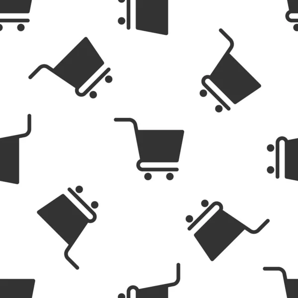 회색 쇼핑 카트 아이콘은 흰 배경에 솔기없는 패턴을 분리 했습니다. 온라인 구매 개념. 배달 계약 서명자. 슈퍼 마켓 바스켓 상징. 사기적 인 예 — 스톡 벡터