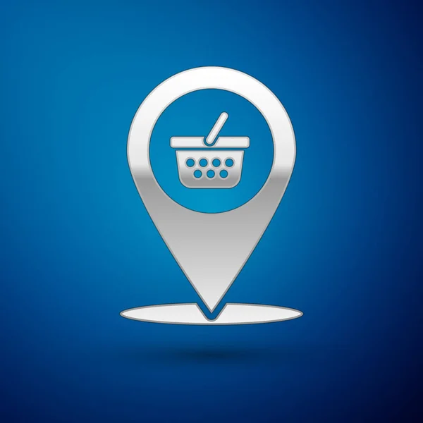 Silberner Kartenzeiger mit Warenkorb-Symbol auf blauem Hintergrund. Nadel-Punkt-Laden und Einkaufen. Supermarkt-Warenkorb Symbol. Vektorillustration — Stockvektor
