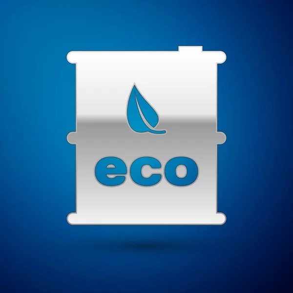 Silver Bio fuel barrel icon isolated on blue background. Eco bio and canister. Green environment and recycle. Vector Illustration — Stock Vector