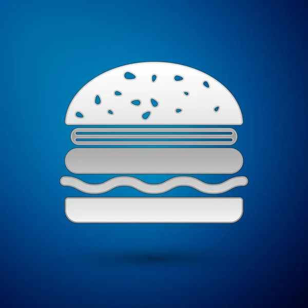Silver Burger icon isolated on blue background. Hamburger icon. Cheeseburger sandwich sign. Vector Illustration — Stock Vector