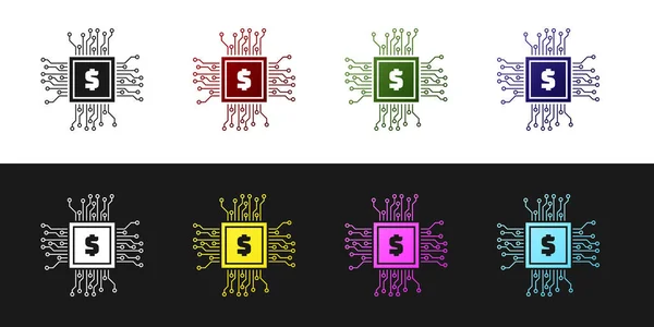 Definir chip processador com ícone de dólar isolado no fundo preto e branco. CPU, unidade de processamento central, microchip, microcircuito, processador de computador, chip. Ilustração vetorial — Vetor de Stock