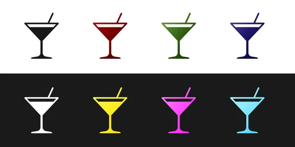 Set martini glass icon isoliert auf schwarzem und weißem hintergrund. Cocktail-Symbol. Weinglas-Ikone. Vektorillustration — Stockvektor