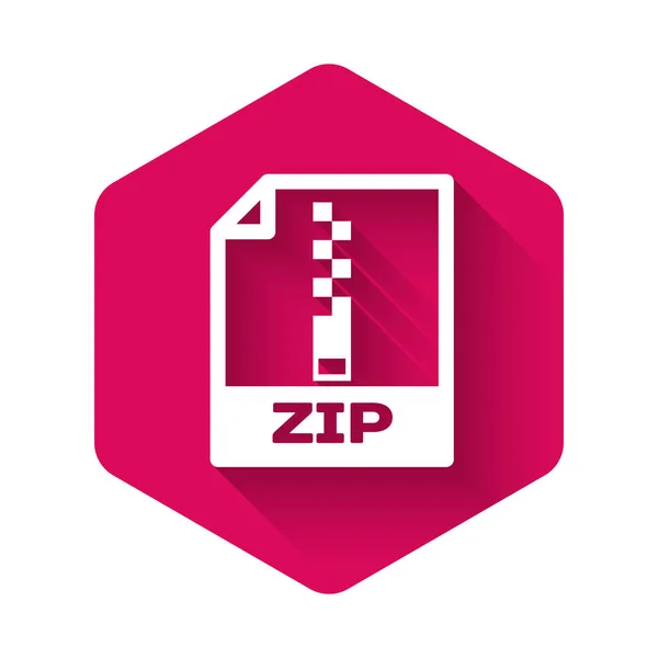 Icono de documento de archivo ZIP blanco. Descargar icono de botón zip aislado con sombra larga. Símbolo del archivo ZIP. Botón de hexágono rosa. Ilustración vectorial — Vector de stock