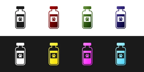 Set Mascotas vial icono médico aislado sobre fondo blanco y negro. Medicina de prescripción para animales. Ilustración vectorial — Vector de stock