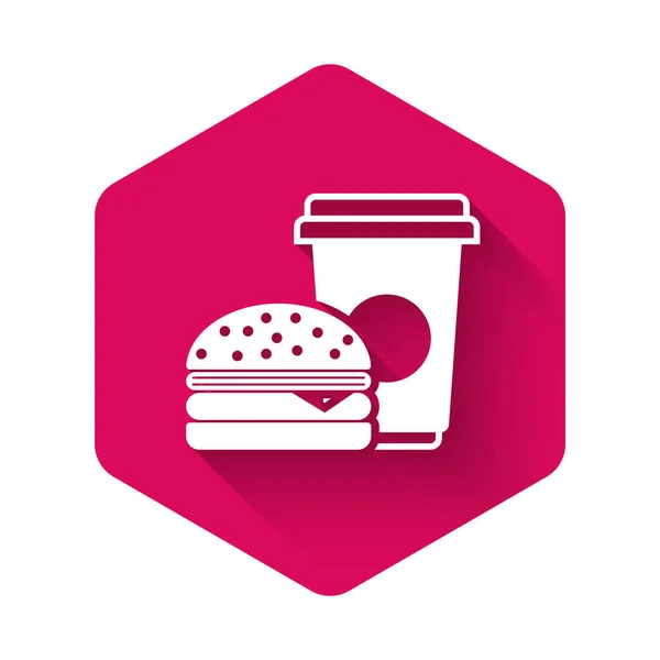 Vit kaffe och hamburgerikon isolerad med lång skugga. Snabbmatssymbol. Rosa hexagonknapp. Vektor Illustration — Stock vektor