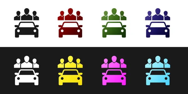 Impostare Condivisione auto con gruppo di persone icona isolata su sfondo bianco e nero. Carsharing segno. Concetto di servizio di noleggio trasporti. Illustrazione vettoriale — Vettoriale Stock