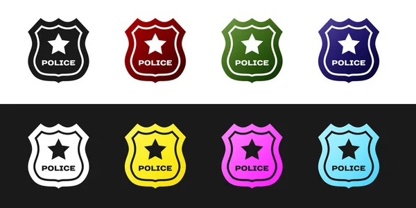 Ställ in ikonen för polis brickan isolerad på svart och vit bakgrund. Sheriff Badge-skylt. Vektor illustration — Stock vektor