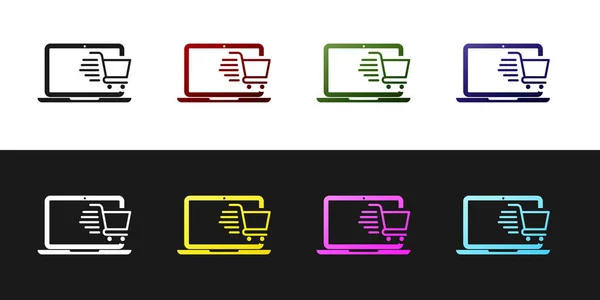 Set Warenkorb auf dem Bildschirm Laptop-Symbol isoliert auf schwarz-weißem Hintergrund. Konzept E-Commerce, E-Business, Online Business Marketing. Vektorillustration — Stockvektor