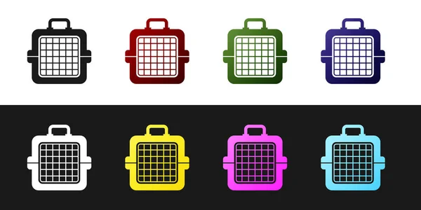 Set pet carry case icon isoliert auf schwarzem und weißem Hintergrund. Transportbehälter für Tiere, Hund und Katze. Behälter für Tiere. Tiertransportbox. Vektorillustration — Stockvektor