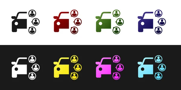 Set Carsharing mit einer Gruppe von Menschen Ikone isoliert auf schwarz-weißem Hintergrund. Carsharing-Schild. Transportvermietungskonzept. Vektorillustration — Stockvektor