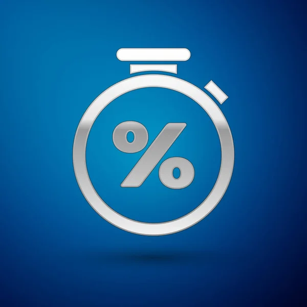 Silver Stopwatch and percent discount icon isolated on blue background. Time timer sign. Vector Illustration — Stock Vector