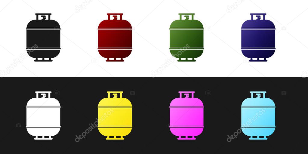 Set Propane gas tank icon isolated on black and white background. Flammable gas tank icon. Vector Illustration