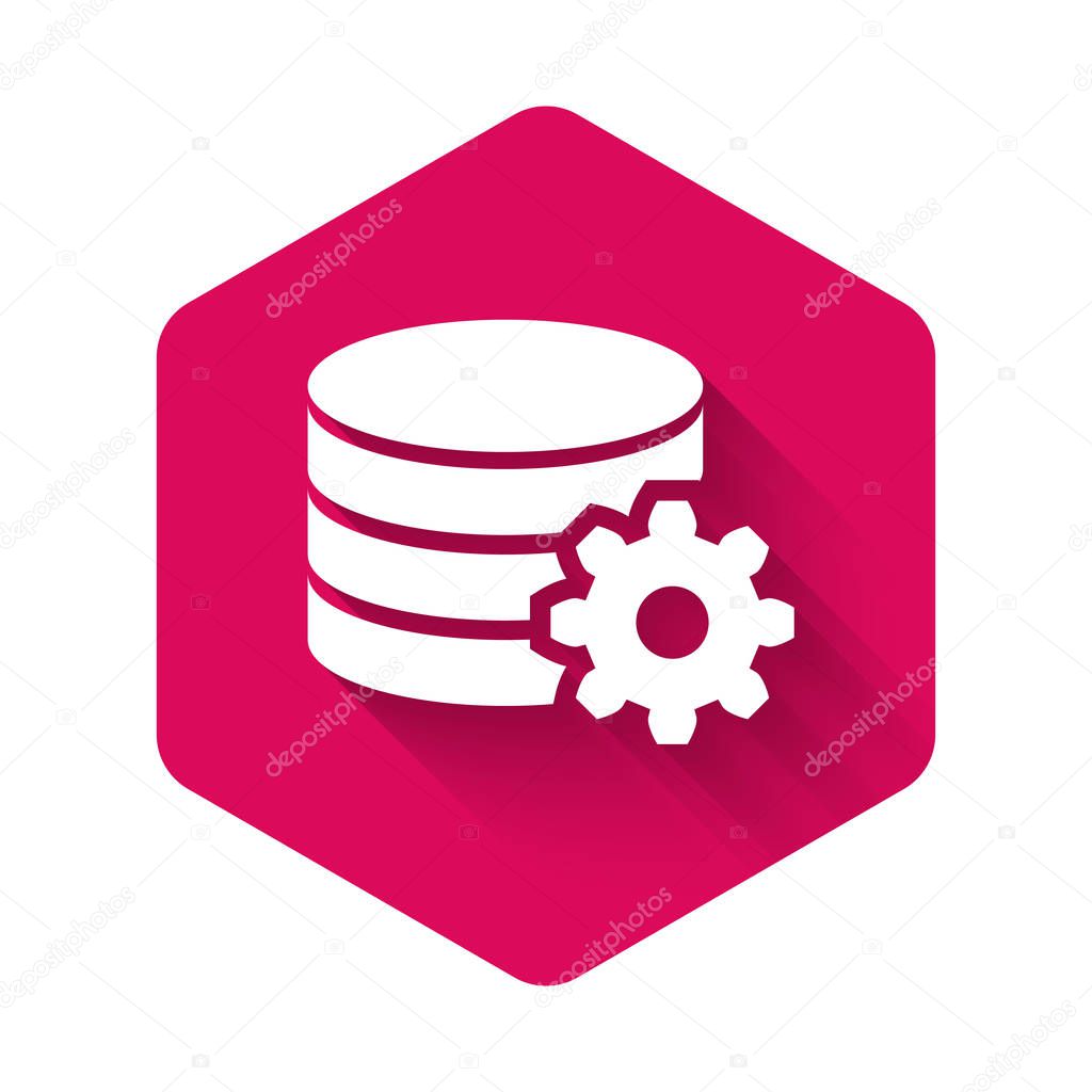 White Setting database server icon isolated with long shadow. Database Center. Pink hexagon button. Vector Illustration