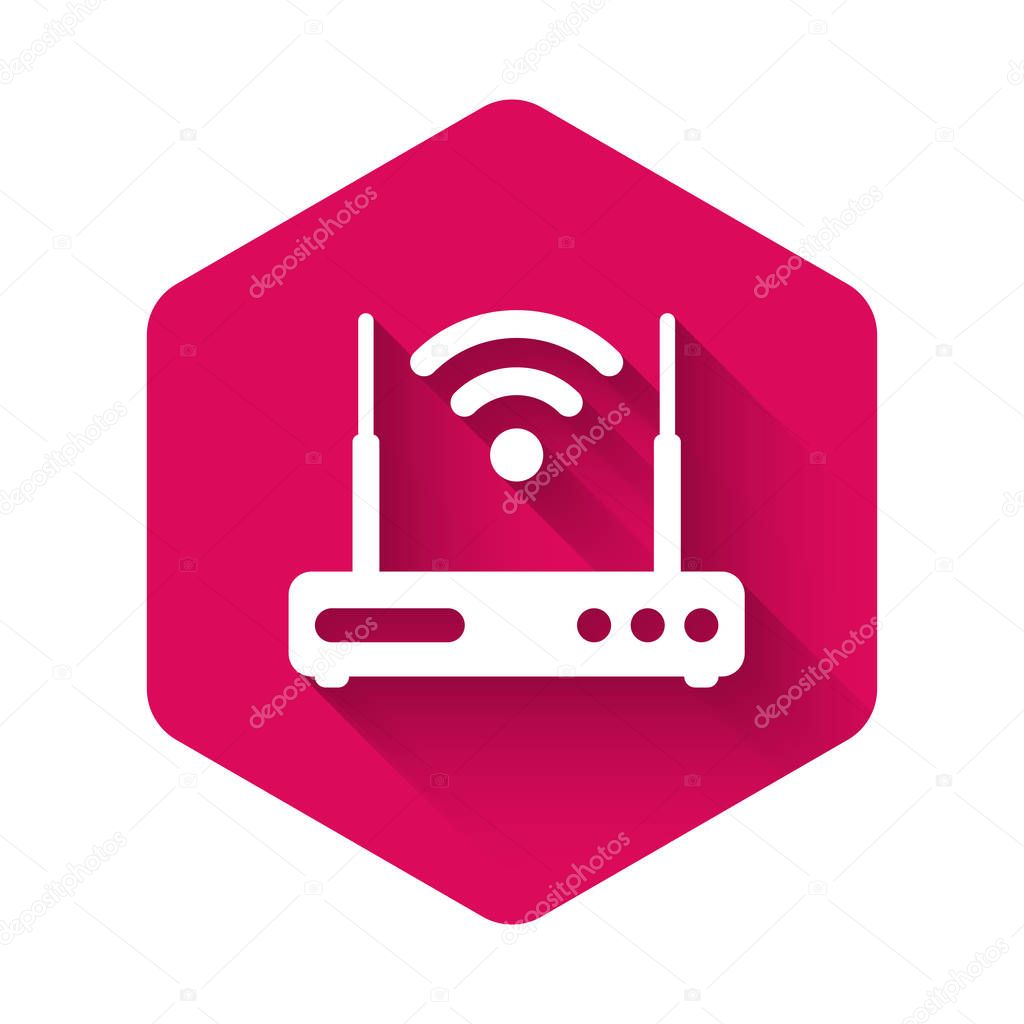 White Router and wi-fi signal symbol icon isolated with long shadow. Wireless ethernet modem router. Computer technology internet. Pink hexagon button. Vector Illustration