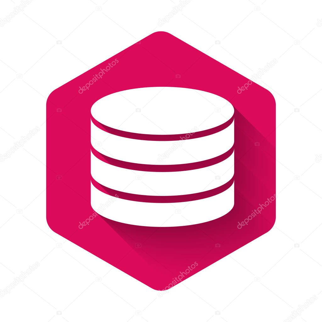 White Database icon isolated with long shadow. Network databases, disc with progress bar. Backup concept. Pink hexagon button. Vector Illustration