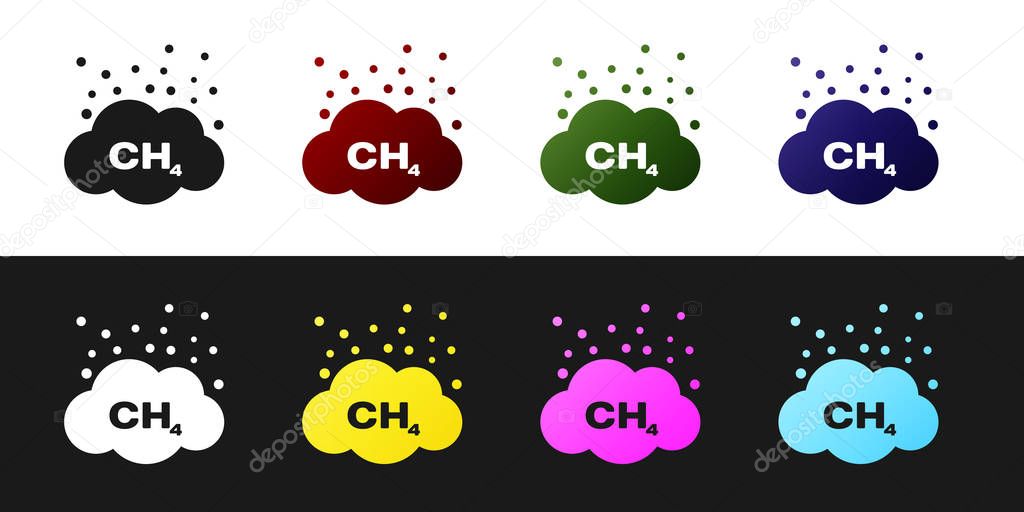 Set Methane emissions reduction icon isolated on black and white background. CH4 molecule model and chemical formula. Marsh gas. Natural gas. Vector Illustration