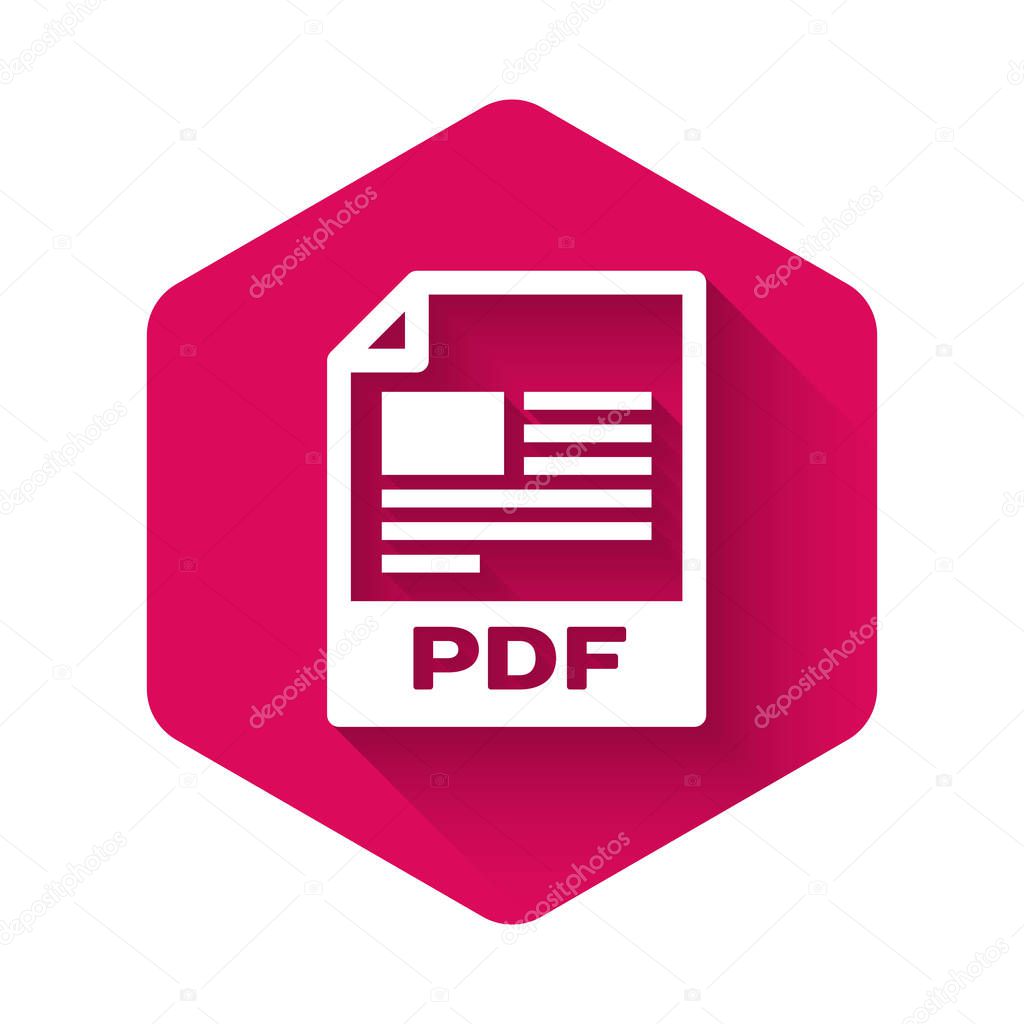 White PDF file document icon. Download pdf button icon isolated with long shadow. PDF file symbol. Pink hexagon button. Vector Illustration