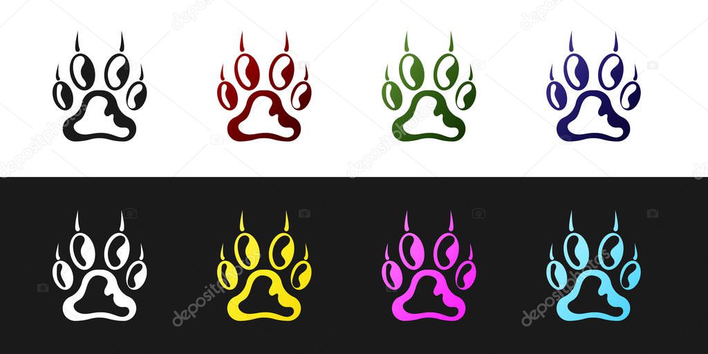 Set Paw print icon isolated on black and white background. Dog or cat paw print. Animal track. Vector Illustration
