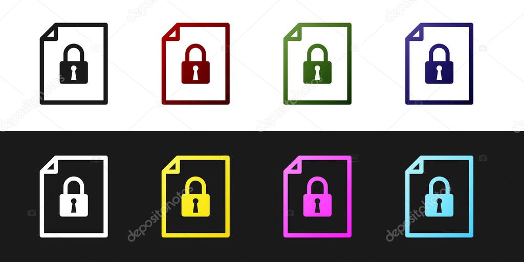 Set Document and lock icon isolated on black and white background. File format and padlock. Security, safety, protection concept. Vector Illustration