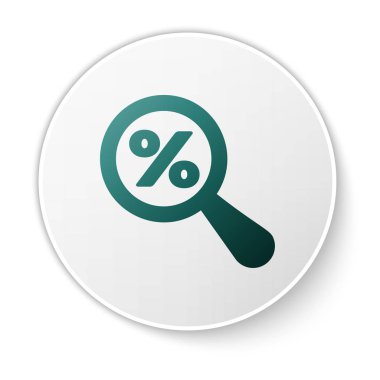 Beyaz arka planda izole yüzde indirim simgesi ile Yeşil Büyüteç. İndirim teklifleri arama. İndirimli satış işareti arayın. Beyaz daire düğmesi. Vektör İllüstrasyonu