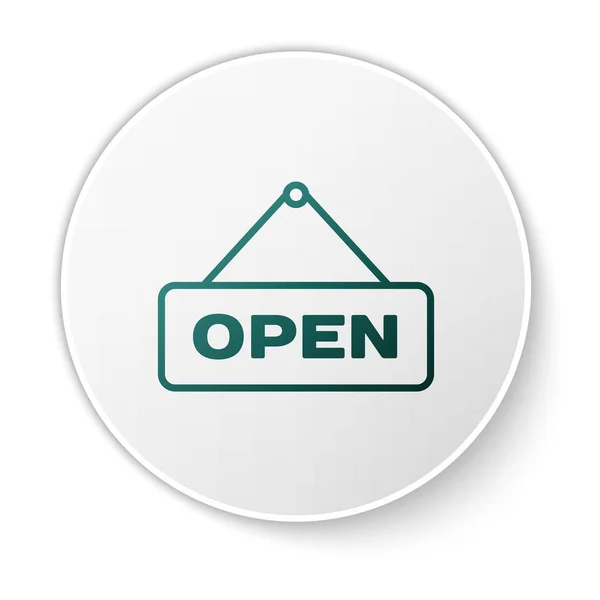 Grünes Hängeschild mit Text Symbol der offenen Tür isoliert auf weißem Hintergrund. Weißer Kreis-Knopf. Vektorillustration — Stockvektor