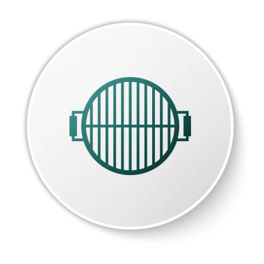Yeşil Barbekü ızgara simgesi beyaz arka plan üzerinde izole. Barbekü ızgara üst görünümü. Çelik ızgara. Beyaz daire düğmesi. Vektör İllüstrasyonu