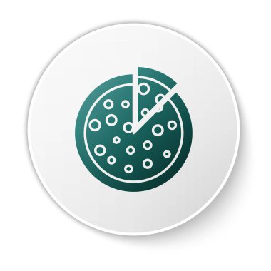 Yeşil Pizza simgesi beyaz arka planda yalıtılmış. Beyaz daire düğmesi. Vektör İllüstrasyonu