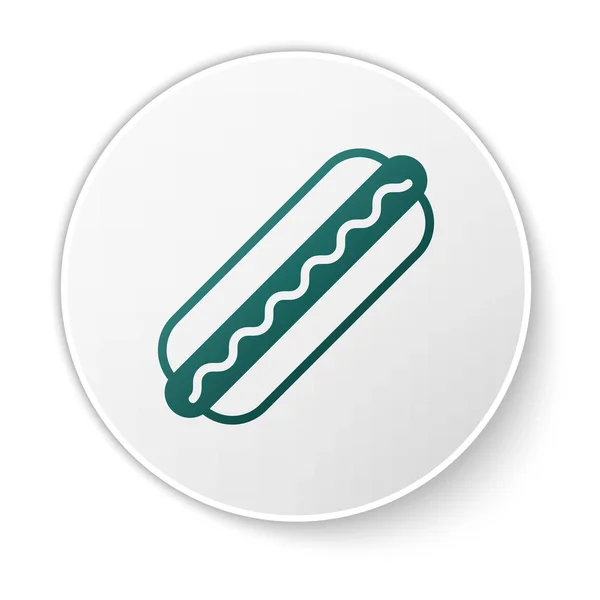 Zelený hotdog sendvič s hořčičnou ikonou, izolovaný na bílém pozadí. Ikona párky. Značka rychlého občerstvení. Tlačítko Bílého kruhu. Vektorová ilustrace — Stockový vektor