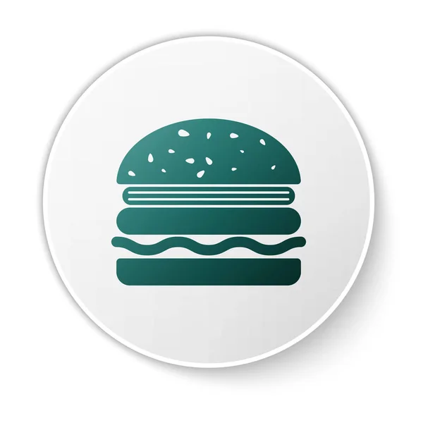 Icône Burger vert isolé sur fond blanc. Icône de hamburger. Cheeseburger sandwich signe. Bouton rond blanc. Illustration vectorielle — Image vectorielle