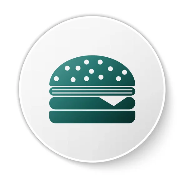 Icône Burger vert isolé sur fond blanc. Icône de hamburger. Cheeseburger sandwich signe. Bouton rond blanc. Illustration vectorielle — Image vectorielle