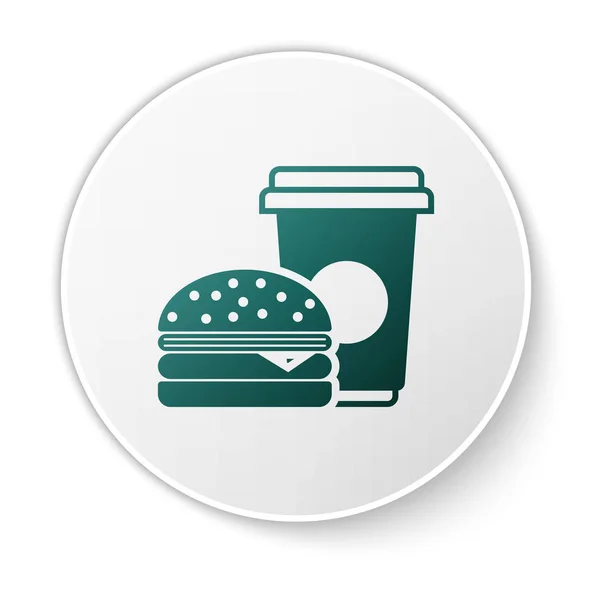 Grönt kaffe och Burger Icon isolerad på vit bakgrund. Snabb mat symbol. Vit cirkel knapp. Vektor illustration — Stock vektor