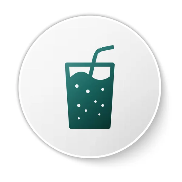Зеленое стекло с водяным значком на белом фоне. Содовый стакан с соломой. Символ свежего холодного напитка. Кнопка белого круга. Векторная миграция — стоковый вектор