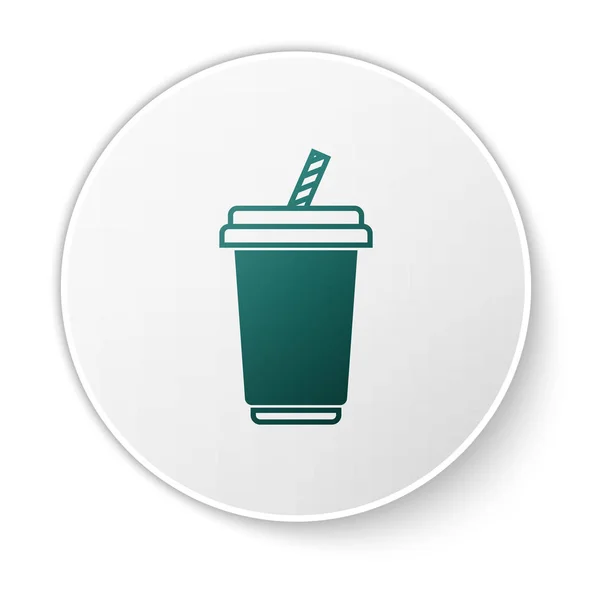 Groen glas met water icoon geïsoleerd op witte achtergrond. Soda drinkglas met drink stro. Vers koud drank symbool. Witte cirkel knop. Vector illustratie — Stockvector