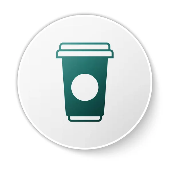 Groene koffie kopje pictogram geïsoleerd op witte achtergrond. Wegwerp koffiekop met warme koffie. Witte cirkel knop. Vector illustratie — Stockvector