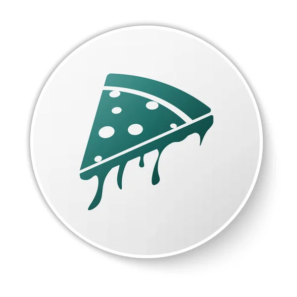 Fatia verde de ícone de pizza isolado no fundo branco. Botão de círculo branco. Ilustração vetorial — Vetor de Stock