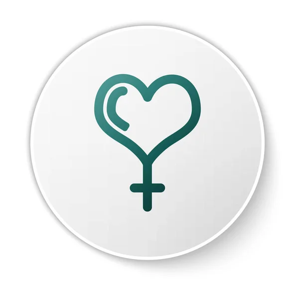 Groene vrouwelijke gender symbool en hart pictogram geïsoleerd op witte achtergrond. Symbool Venus. Het symbool voor een vrouwelijk organisme of vrouw. Witte cirkel knop. Vector illustratie — Stockvector